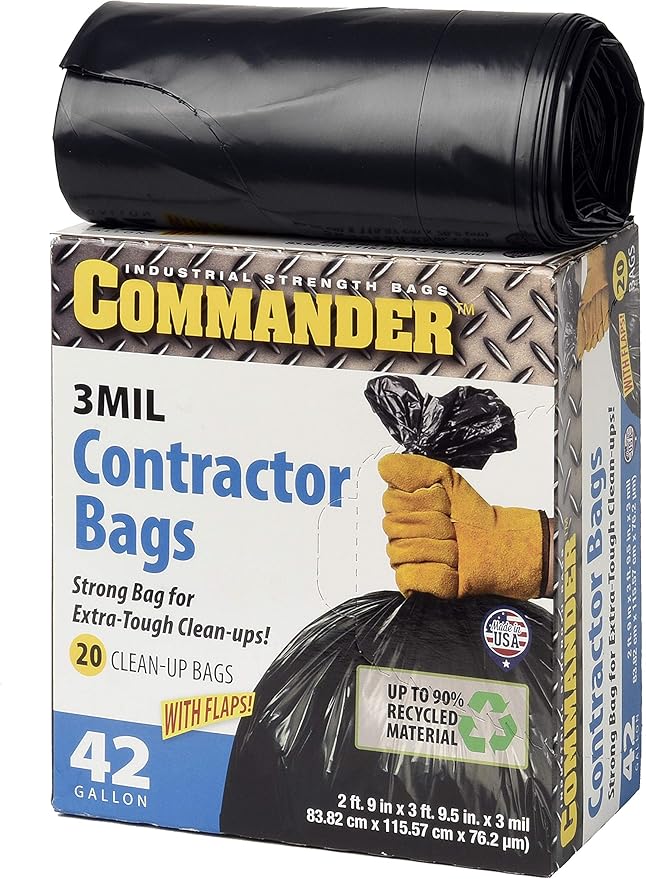Commander 42 Gallon 3 MIL Black Heavy Duty Contractor Bags - 33" x 45" - Pack of 20 - For Contractor, Industrial, & Commercial