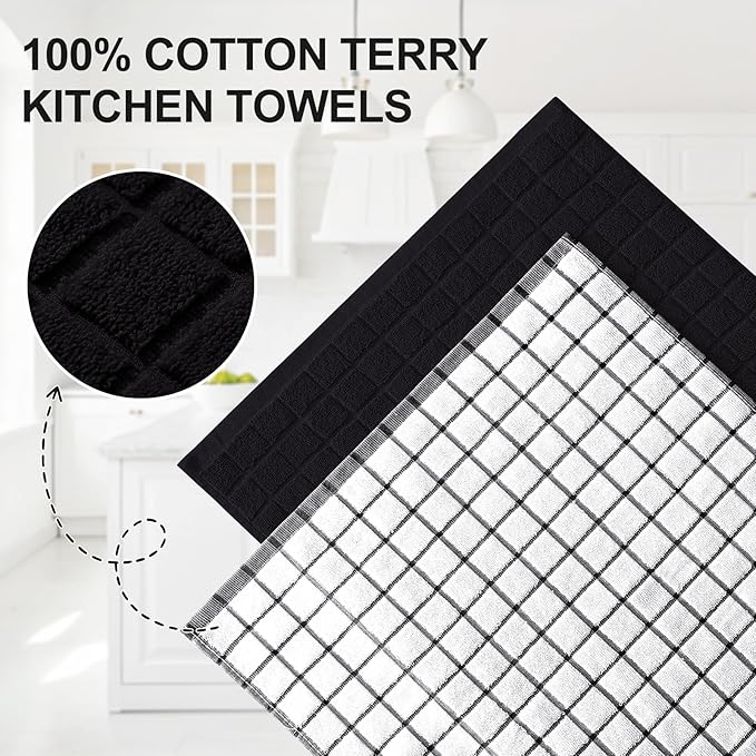 Homaxy Premium Cotton Kitchen Towels 16"x 28", Large Natural Ring Spun 390 GSM Dish Towels, Super Absorbent Terry Kitchen Hand Towels, Soft Tea Towels with Hanging Loop, Black Check Design, 4 Pack