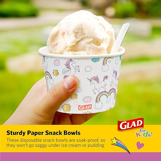 Glad for Kids Unicorns Paper Snack Bowls, Disposable Paper Bowls for Kids Snacks and Parties, Sturdy Microwave Safe Bowls for Everyday Use and Easy Cleanup, 12 Oz, 20 Count