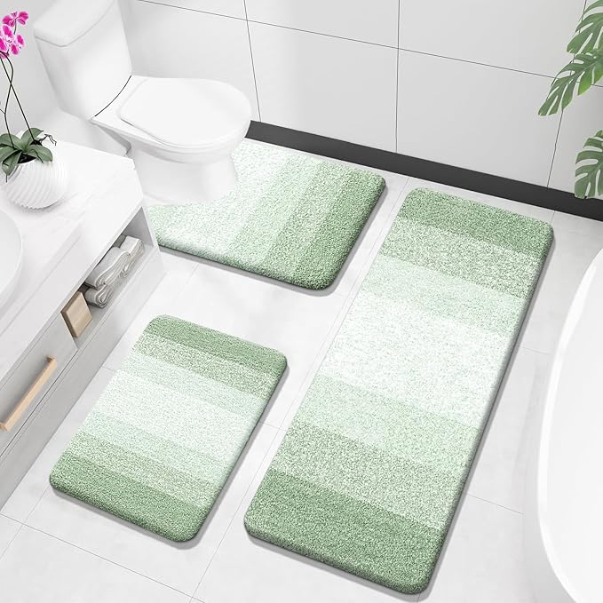 OLANLY Bathroom Rugs Sets 3 Piece, Soft Absorbent Microfiber Bath Mats and U-Shaped Contour Toilet Rug, Plush Shaggy Bath Mat Set for Bathroom (47"x20"+24"x16"+24"x20", Sage Green)