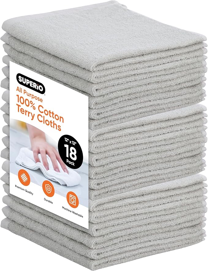 Superio Cotton Terry Washcloths Grey Towels 100% Cotton Cleaning Cloth Rags Wash Clothes for Body and Face, Spa Towels, Multi Purpose (12"x12"), 18 Pack