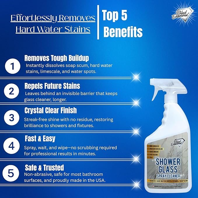Shower Glass Spray Cleaner – Removes Hard Water Stains, Soap Scum & Water Spots – Glass Shower Door Cleaner for Tile & Bathroom Surfaces – Non-Abrasive, Fast Acting, Prevents Resoiling (128 oz)