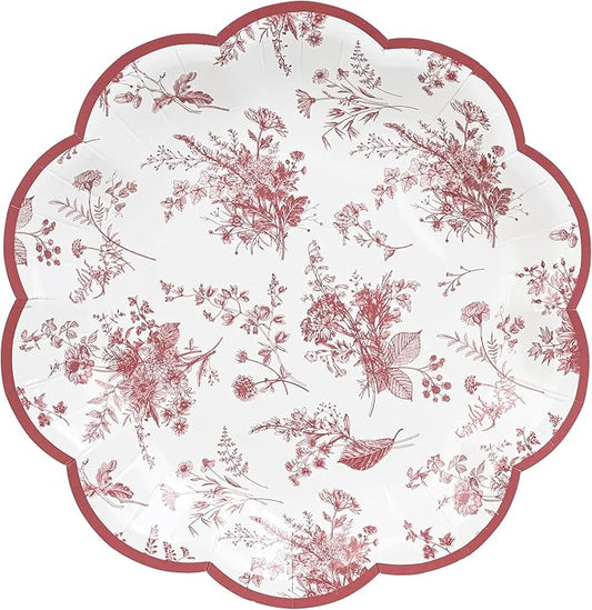 24Pcs Red Floral Party Plates Vintage Floral Leaf Disposable Paper Plate Wildflower Red Toile 7" Scalloped Rim Dessert Plates for Christmas Birthday Bridal Tea Party Supplies