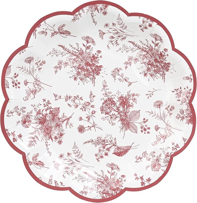 48Pcs Red Floral Party Plates Vintage Floral Leaf Disposable Paper Plate Wildflower Red Toile 7" Scalloped Rim Dessert Plates for Christmas Birthday Bridal Tea Party Supplies