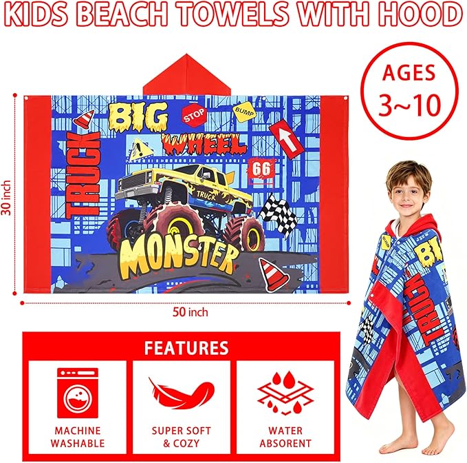 Hooded Towels for Kids - Superfine Fiber Monster Truck Toddler Hood Bath Towels Beach Hooded Poncho Absorbent Pool Toddler Swim Bath Wrap for Boys & Girls 3-10 Years Beach Essentials, 50*30 inches