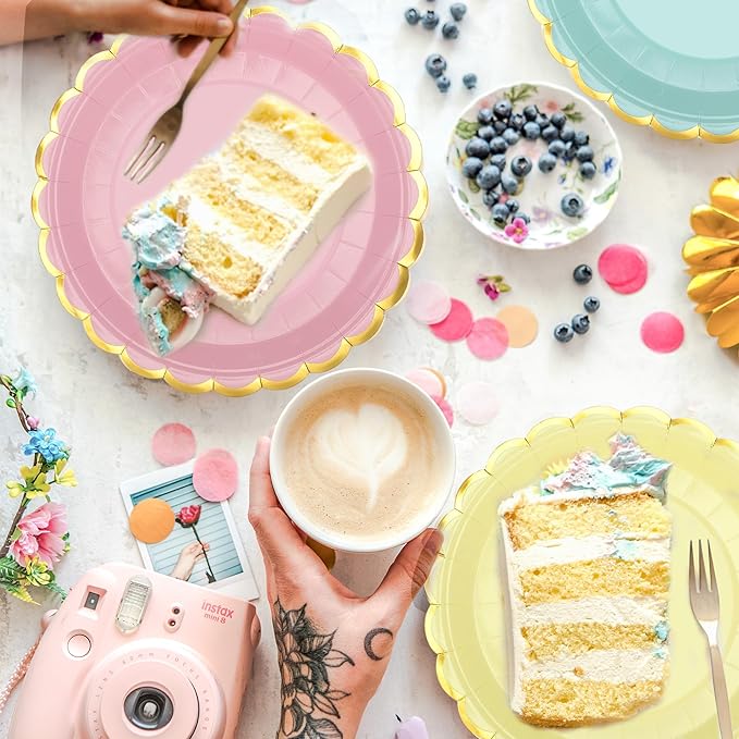 peony man 24 Pcs Pastel Scalloped Paper Plates Disposable Macaron Party Plates 9 Inch Gold Edge Colorful Dinner Plate Pastel Rainbow Dessert Plate for Wedding Birthday Baby Shower Party Supplies