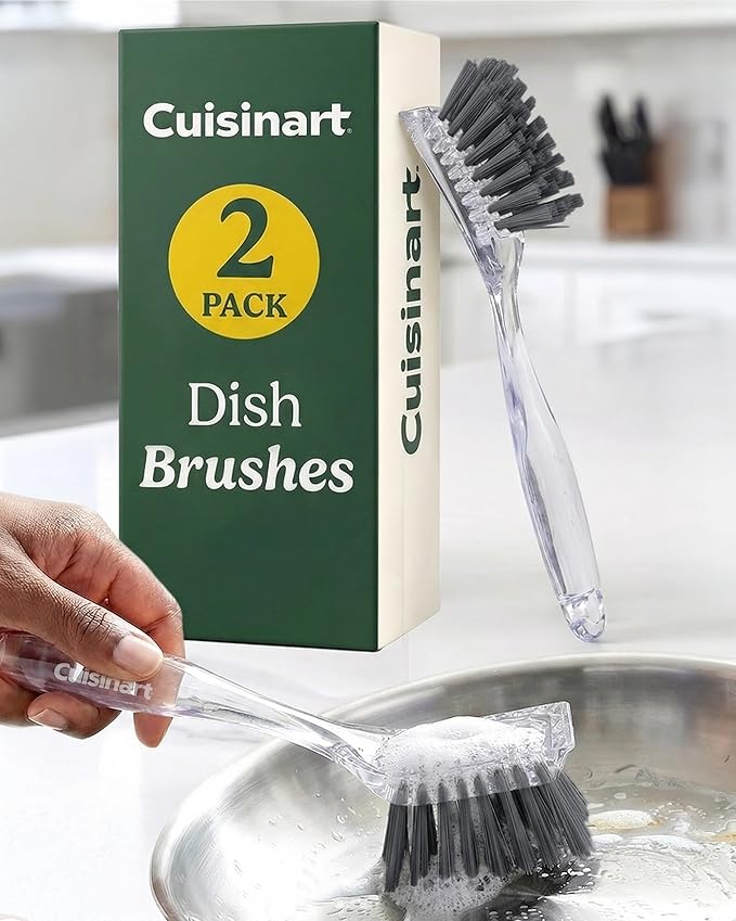 Cuisinart Dish Brush with Handle 2 Pack – Kitchen Scrub Brush for Dishes, Pots & Pans, Non-Scratch Dish Scrubber, Firm Bristles for Sink & Cookware, Comfortable Grip for Everyday Cleaning