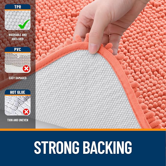 OLANLY Small Bathroom Rugs 24x16, Extra Soft Absorbent Chenille Bath Rugs, Rubber Backing Quick Dry, Machine Washable Bath Mats for Bathroom Floor, Tub and Shower, Home Decor Accessories, Coral