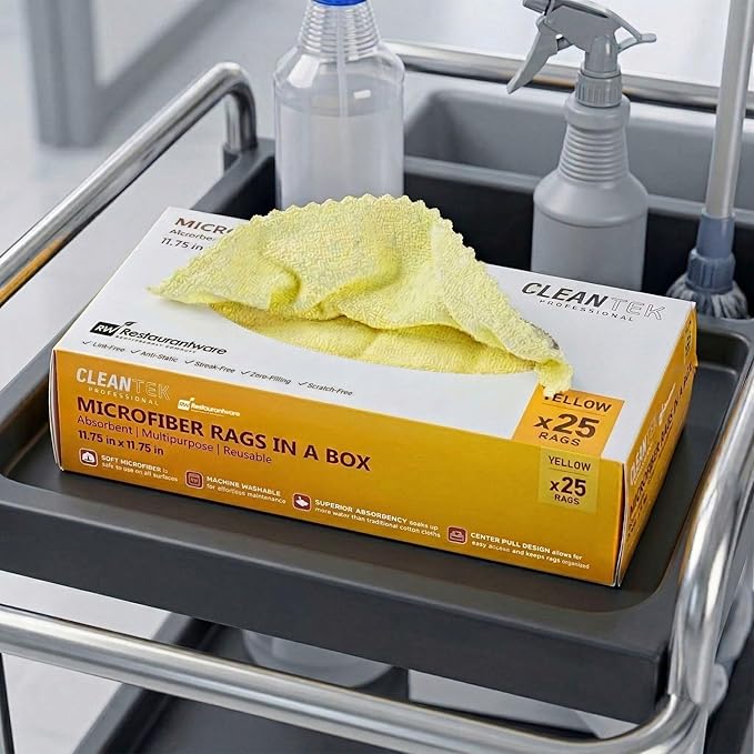 Restaurantware-Clean Tek Professional 11.81 x 11.81 Inch Microfiber Rags In a Box, 25 Absorbent Cleaning Cloths - No-Scratch, Yellow Microfiber Reusable Edgeless Cleaning Towels, Leaves No Streak