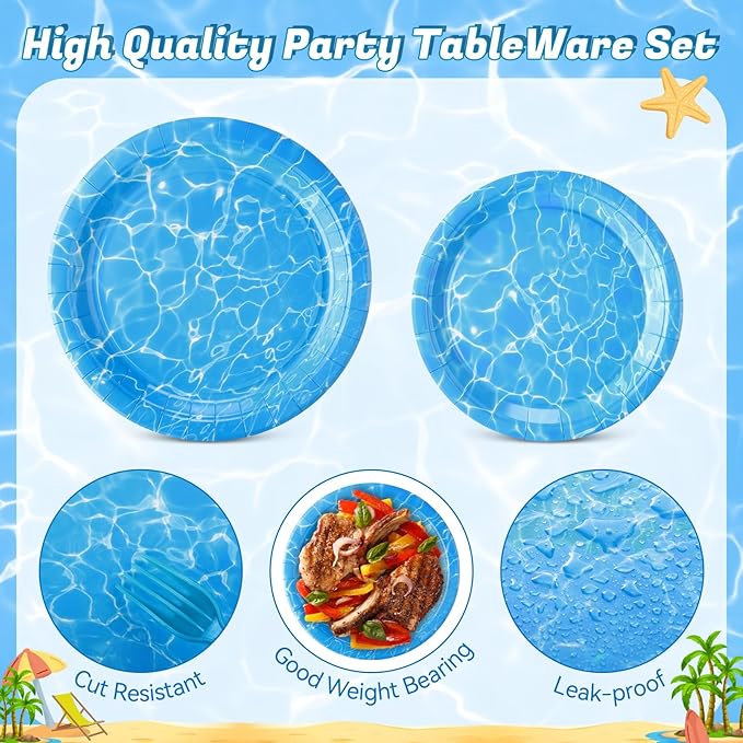 Pickmesh 400 Pcs Ocean Waves Party Decoration Set, Disposable Sea Paper Plates and Napkins, Cups and Cutlery Supplies Ocean Themed Birthday Party Tableware, Serve for 50 Guests