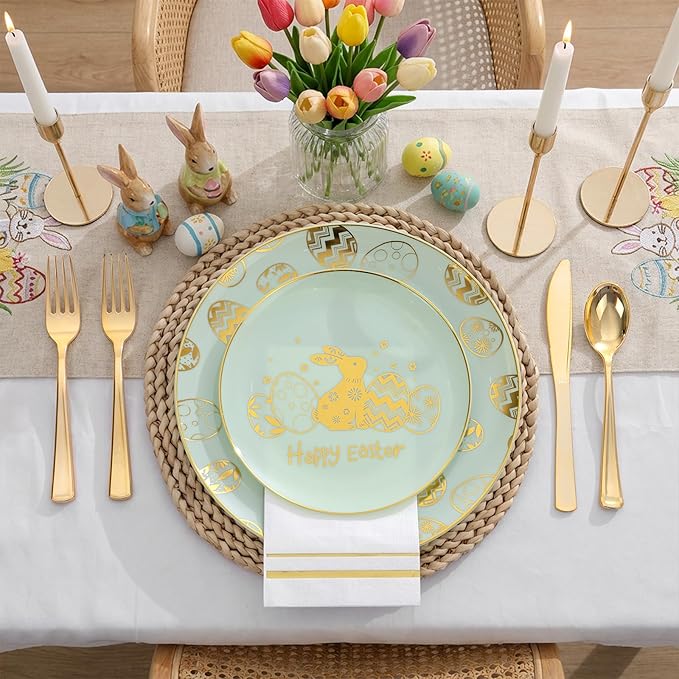 Festiva 175Pcs Easter Plates and Napkins Disposable - Green and Gold Plastic Dinnerware Set for 50 guests include 50 Plates 25Cups 25Plastic Silverware 25Napkins Perfect for Easter Party