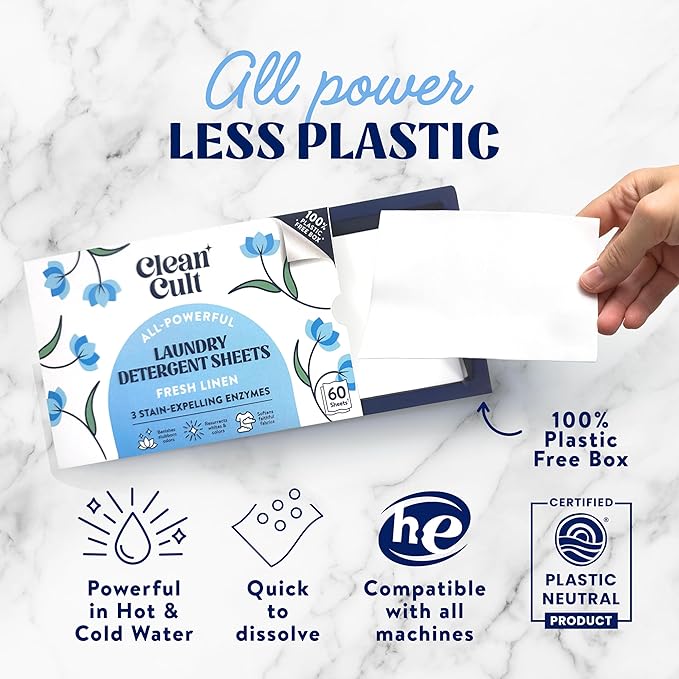 Cleancult Laundry Detergent Sheets - Resealable Box - 3 Stain Fighting Enzymes - Fresh Linen - 60 Loads - Free of Harsh Chemicals - No Mess - No Plastic Waste