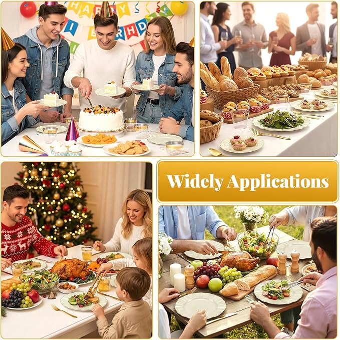 175 Piece Plastic Dinnerware Set Disposable Dinnerware Set for 25 Guests Include 50 Plastic Plates 25 Silverware Set 25 Cups and 25 Napkins for Party Wedding Birthday（White and Gold）