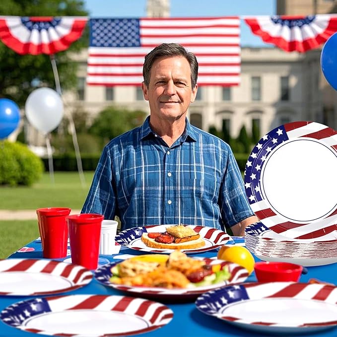 50Pcs 250th Anniversary Patriotic Round Paper Plates 10" Large Heavy Duty Disposable American Flag Red Blue White Dessert Plates 4th of July Dinner Plate for President Election Memorial Day Supplies