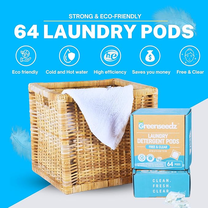 Laundry Detergent Pods Free & Clear, Unscented, 64 Count, Eco Friendly, Biodegradable, HE Compatible, Powerful Stain & Odor Removal
