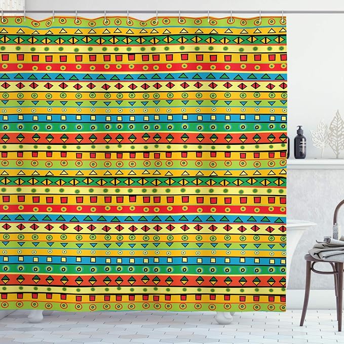Ambesonne Striped Shower Curtain, Playroom Backdrop Joyful Square Triangle Abstract Image, Cloth Fabric Bathroom Decor Set with Hooks, 69" W x 75" L, Multicolor