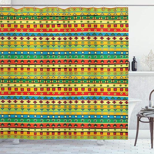 Ambesonne Striped Shower Curtain, Playroom Backdrop Joyful Square Triangle Abstract Image, Cloth Fabric Bathroom Decor Set with Hooks, 69" W x 75" L, Multicolor