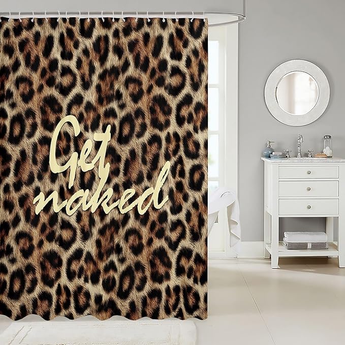 Feelyou Leopard Print Get Naked Shower Curtains Funny Quotes Bathroom Curtain for Kids Women Men Brown Bathroom Accessories Cheetah Waterproof Polyester Fabric for Stalls Bathtubs 72"x72"