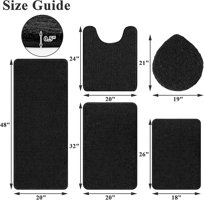 SHACOS 5 Pieces Bathroom Rugs Set with Toilet Lid Cover Ultra Soft Absorbent Microfiber Bath Mat U Shape Contour Rug for Bathroom, Non Slip Machine Washable Bath Runner Rugs for Bedroom, Black
