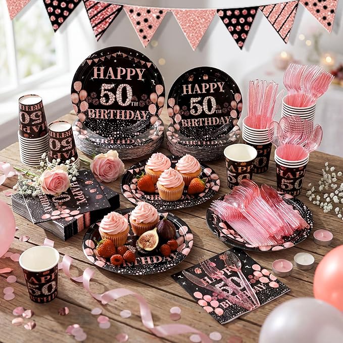 Pickmesh 400 Pcs 50th Birthday Decorations for Women, Includes 50th Birthday Plates, Napkins, Cups, and Cutlery for Party Favors, Cheer to 50 Year for Her, Serves 50 Guests