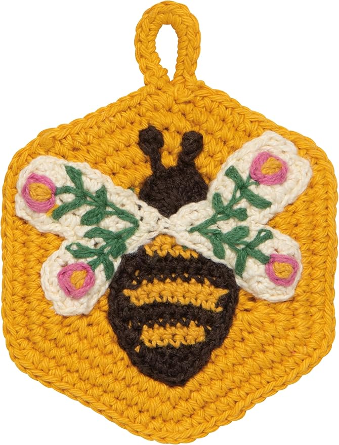 Now Designs Bee Garden Crochet Sponges Set of 2, Hand-Crocheted 100% Cotton, W4 x L4in, Artisanal Kitchen Scrubbing Sponges