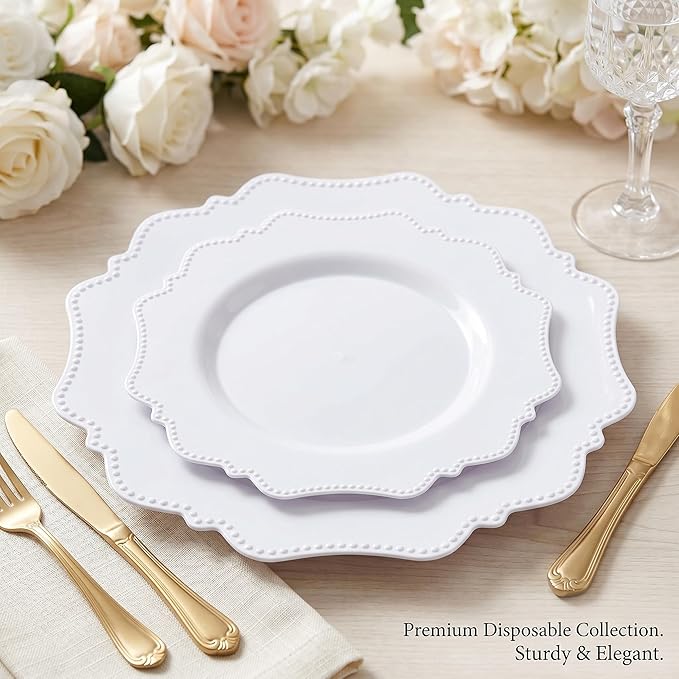 COLOSUS 60PCS White Plastic Plates-Fancy Plastic Beaded Plates,Plastic Premium Hard Plastic Plates for Party, Elegant White plates,Include10.5 Dinner plates & 8.25" Dessert plates for Mother's Day