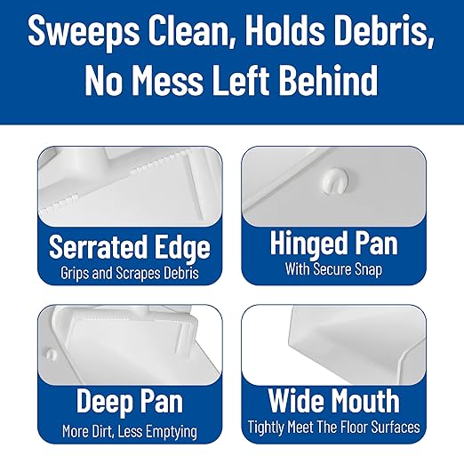 SPARTA Upright Dustpan with Aluminum Handle, Serrated Edge for Broom Combing, Secure Yoke Lock with Easy Storage Hanging Hole for Commercial Cleaning, Plastic, 30 Inches, White