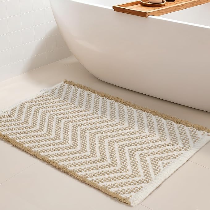 DWCN Waffle Bathroom Mat, Boho Bath Rugs Super Absorbent Non Slip Bath Mats for Bathroom Floor, Ultra Soft Farmhouse Shower Mats for Tub and Shower, 20 x 32 Inch, Brown & Beige