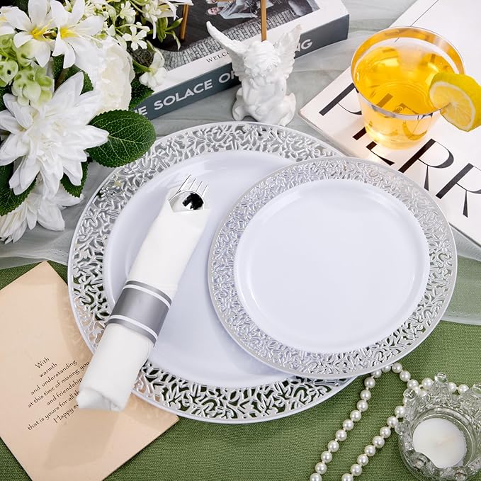 WELLIFE 175Pcs Silver Dinnerware Sets, Include:25 Dinner Plates, 25 Dessert Plates, 25 Paper Napkins, 25 Cups, 75 Silver Silverware Set for Party and Weddings