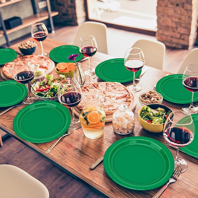 QZYL 50 PCS Disposable Paper Plates, 9 Inches Dinner Paper Plates Set, Green Heavy Duty Tableware, Round Dinnerware for Daily Use Picnic Anniversary Birthday St Patricks Day Party Supplies