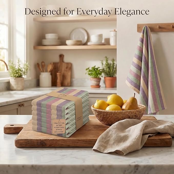 Urban Villa Kitchen Towels Harvest Stripes Dish Towels Set of 6 20" X30” 100% Cotton Highly Absorbent Quick Drying Dish Cloths & Dish Towels Thanksgiving Fall Tea Towels with Hanging Loop Towels