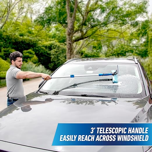 Unger 10" Curved Silicone Auto Squeegee with 3' Telescopic Pole, Flexible Blade for Window Curves, Windshield Cleaner Tool, Non-Scratch Microfiber Sleeve for Streak-Free Results, Machine Washable
