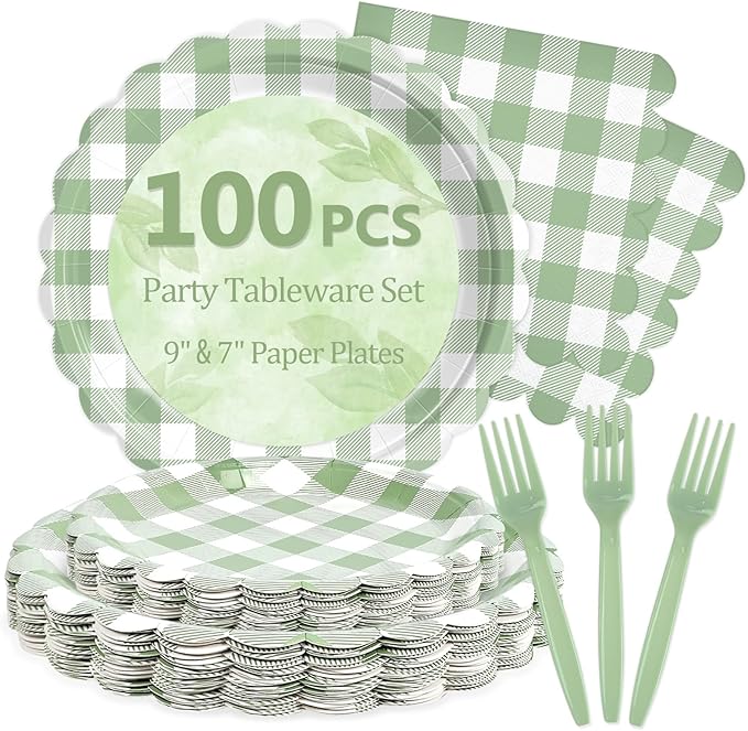 Mulbozy 100 Sage Green Gingham Plates and Napkins Disposable Set Includes 25-9" & 25-7" Dessert Cake Scalloped Plates, Cocktail Napkins, Forks for for Holiday Party Supplies