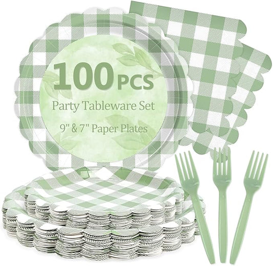 Mulbozy 100 Sage Green Gingham Plates and Napkins Disposable Set Includes 25-9" & 25-7" Dessert Cake Scalloped Plates, Cocktail Napkins, Forks for for Holiday Party Supplies