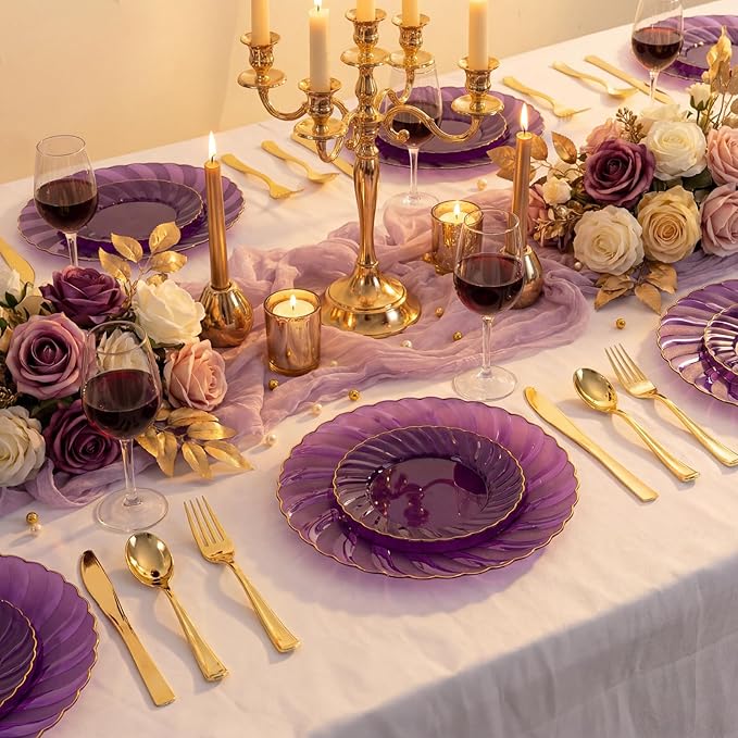 YOUBET 125PCS Purple Plastic Dinnerware Set - Gold and Clear Purple Disposable Plates Include 50 Plastic Plates 75 Silverwares for Wedding Birthday Parties & Party
