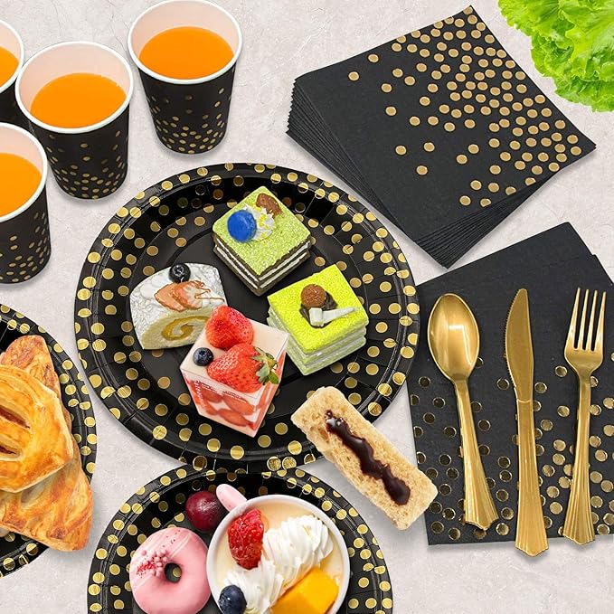 AIRE 175PCS Black and Gold Paper Plates Party Supplies for 25 Guests Disposable Party Decorations Dinnerware Golden Dot Black Paper Plates Napkins Cups Gold Plastic Forks Knives Spoons for Mothers Day