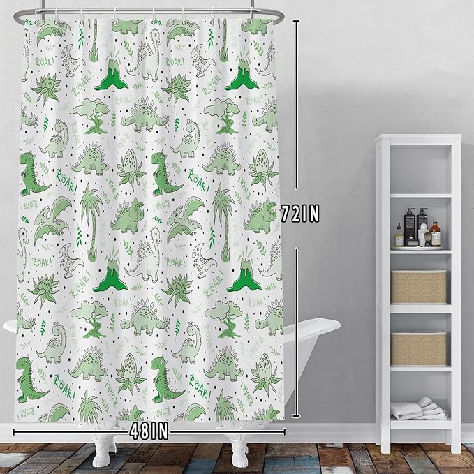 Baocicoo Cute Cartoon Dinosaur Shower Curtain Sets Green Animals Plants Bath Curtain for Boys Girls Bathroom Decorations Polyester Fabric Waterproof Curtains for Bathroom with Hooks 48x72 Inches