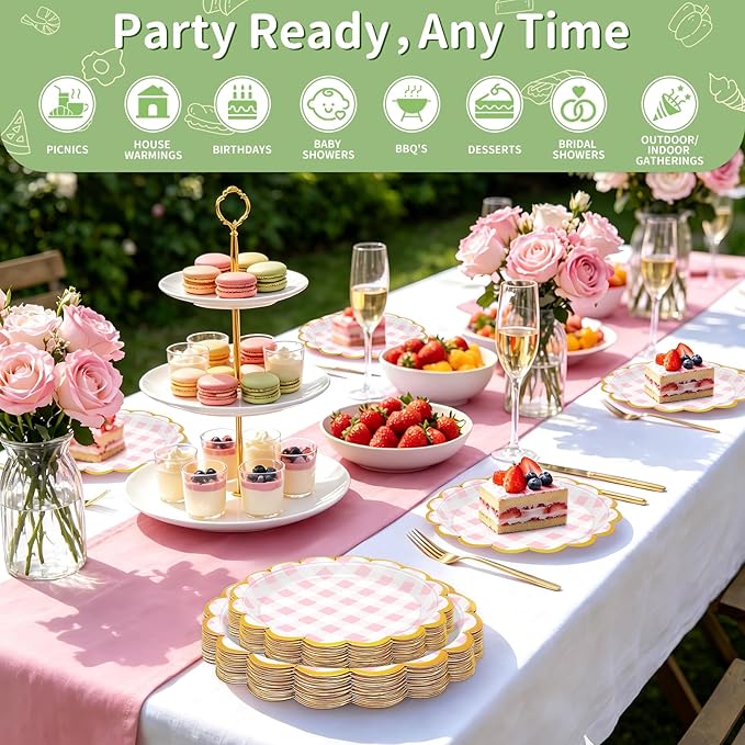50 Pcs Pink and White Checkered Paper Plates, 25 Pcs 9" and 25 Pcs 7" Disposable Pink Gingham Scalloped Plates with Gold Foil for Graduation Wedding Baby Shower Birthday Party Picnic BBQ