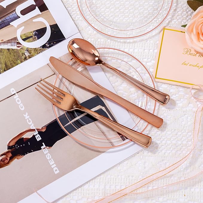 bUCLA 100PCS Clear Rose Gold Plastic Plates Disposable - Heavy Duty 6.25 Inch Clear Plastic Dessert Plates with Rose Gold Trim - Ideal for Party & Wedding