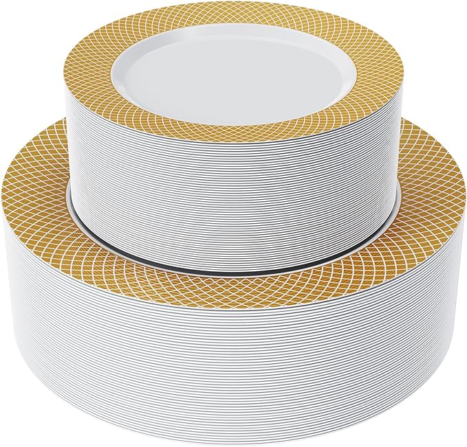 FOCUSLINE Gold Plastic Plates Set of 102, Disposable Plates with Gold Grid Rim 51 Dinner Plates 10" and 51 Salad Dessert Appetizer Plate 7", Elegant Fancy Heavy Duty Wedding Party Plate