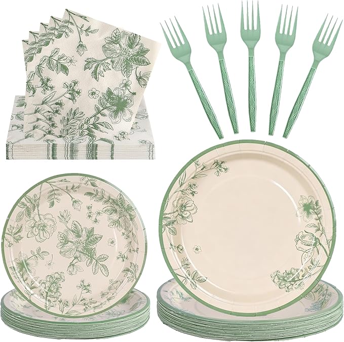 100 Pcs Sage Green Floral Party Supplies for 25 Guests, Heavy-Duty 7" & 9" Paper Plates, 2-Ply 13" Napkins & Plastic Forks, Disposable Tableware Set for Bridal Baby Shower and Tea Party