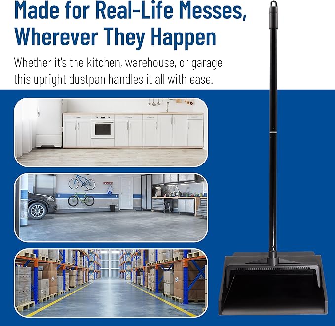 Carlisle FoodService Products Standing Dustpan – Dust Pan with Long Handle, Serrated Edge, Pivoting Pan Design, for Home, Kitchen, Lobby, or Office, 30 Inch Plastic, Black
