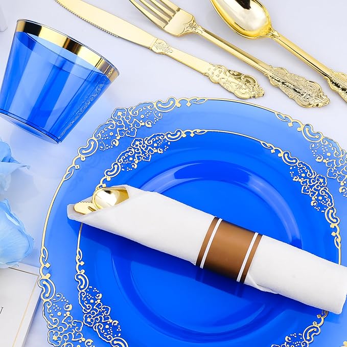 Bestluck 350 PCS Blue and Gold Plastic Plates, Disposable Dinnerware Set for 50 Guests, 100 Disposable Plates, 150 Silverwares, 50 Cups, 50 Napkins for Wedding, Party, Graduation