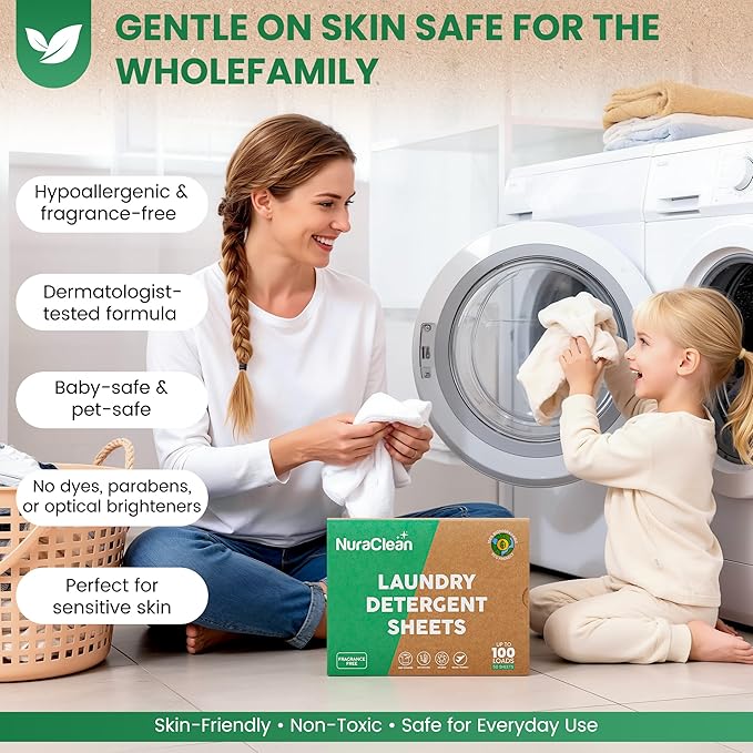 Concentrated Eco-friendly Laundry Detergent Sheets - Powerful Clean - Biodegradable - 50 Sheets (Up to 100 Loads) – Plastic‑Free, HE Compatible, Hypoallergenic & Travel Friendly (Unscented)