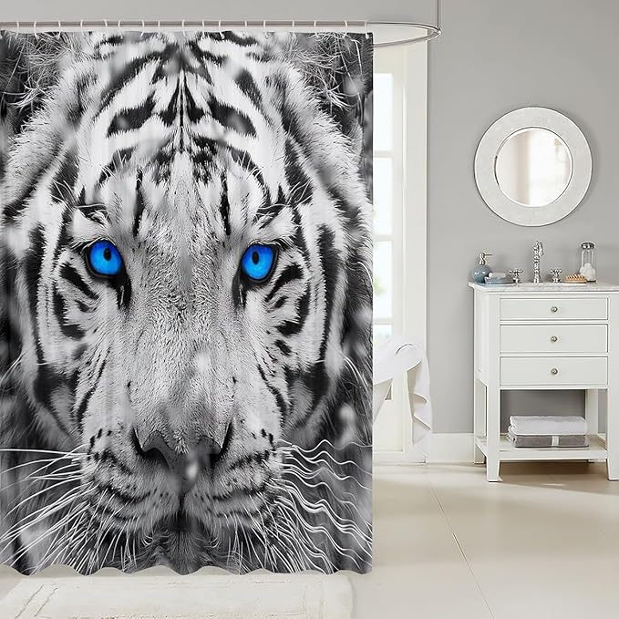 Erosebridal White Tiger Shower Curtain 72" Wx72 L 3D Animal Print for Kids Boys Teens Bath Curtain Chic Wild Animal Skin Design Tiger Waterproof Shower Curtain Big Cat Wild Animal Room Decor
