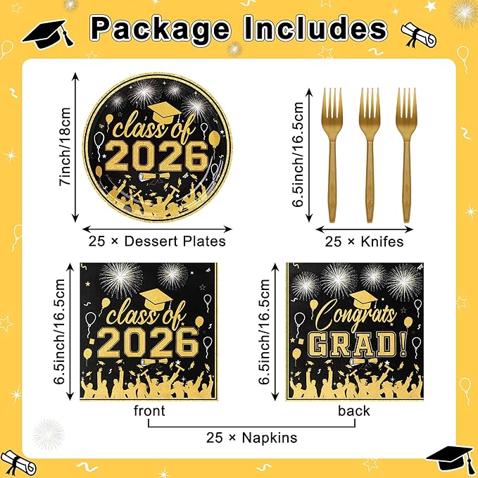 75 Pcs Graduation Plates and Napkins Party Supplies Set,Serves 25 Guests Black Gold 2026 Graduation Plates and Napkins,Disposable Paper Tableware Set for Graduation Party Decorations