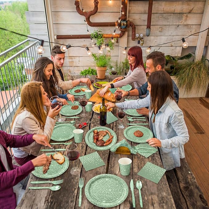 Hushee 175 Pcs Sage Green Holographic Print Party Supplies Guests Disposable Dinnerware Set Include Paper Plates, Napkins, Cups, Plastic Cutlery for Wedding Birthday Disco Bachelorette