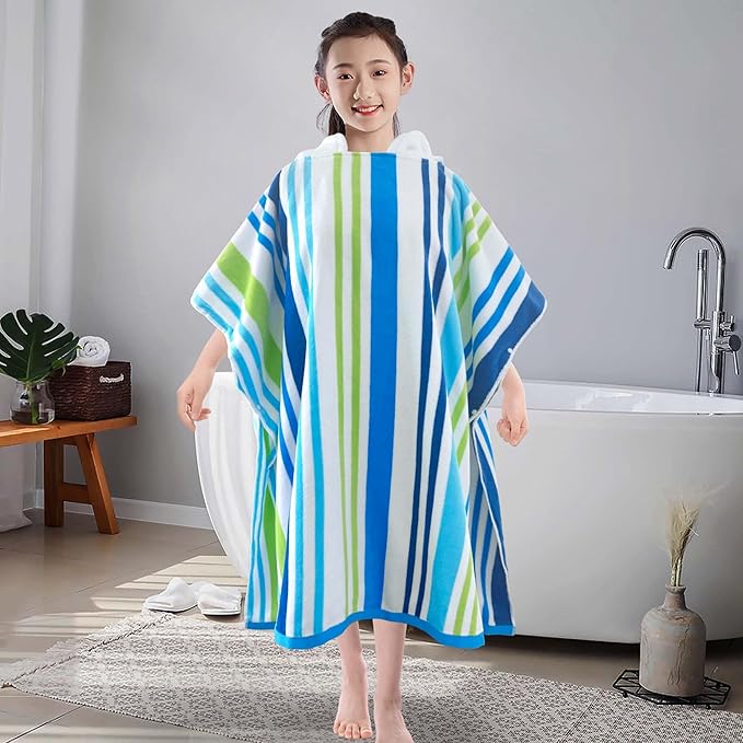 VOOVA & MOVAS Hooded Poncho Towel for Teens Unisex 100% Cotton Vacation Ready Bold Beach Pool Swim Cover Up Blue Green Stripe