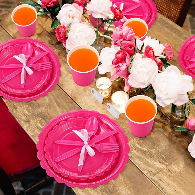Ziliny 350 Pcs Hot Pink Plates and Napkins, 50 Guest Breast Cancer Awareness Party Supplies Include Scalloped Paper Plates Napkins Cups Plastic Spoons Forks Knives Disposable Tableware Set for Women
