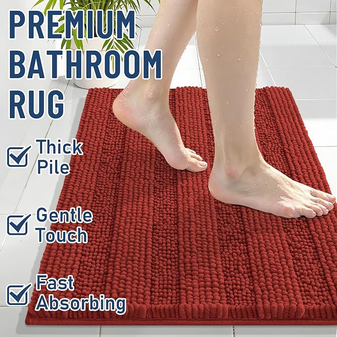 Grandaily Chenille Striped Bathroom Rugs 44x24, Extra Thick and Soft Absorbent Bath Mats, Rubber Backing, Plush Shaggy Shower Carpet, Machine Wash Dry, Bath Rug for Bathroom, Rustic Terracotta